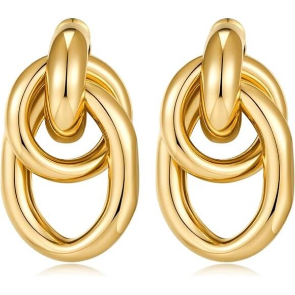 Trendy Geometric Drop Earrings | Chunky Gold Lightweight Statement Jewelry - Picture 4 of 4